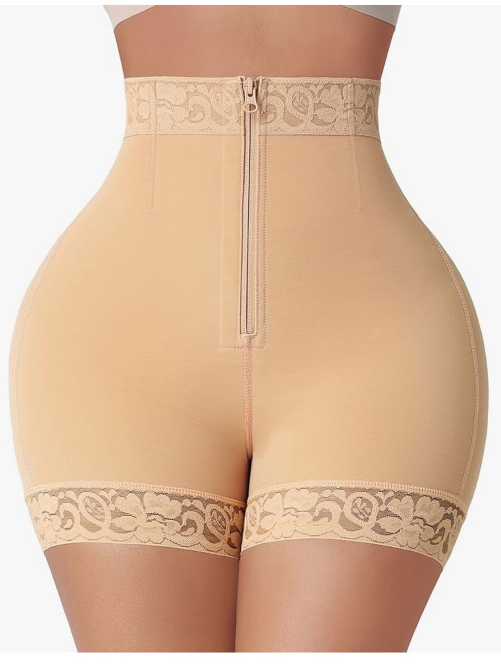 High-Waist Beige Lace-Trim Shapewear Shorts